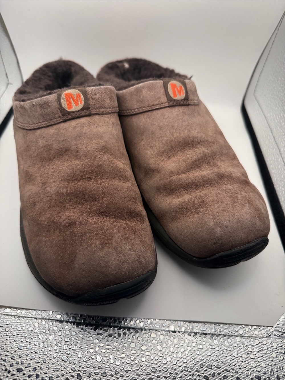 Merrell Brown Suede Slip-On Fleece-Lined Mules with Orange Logo